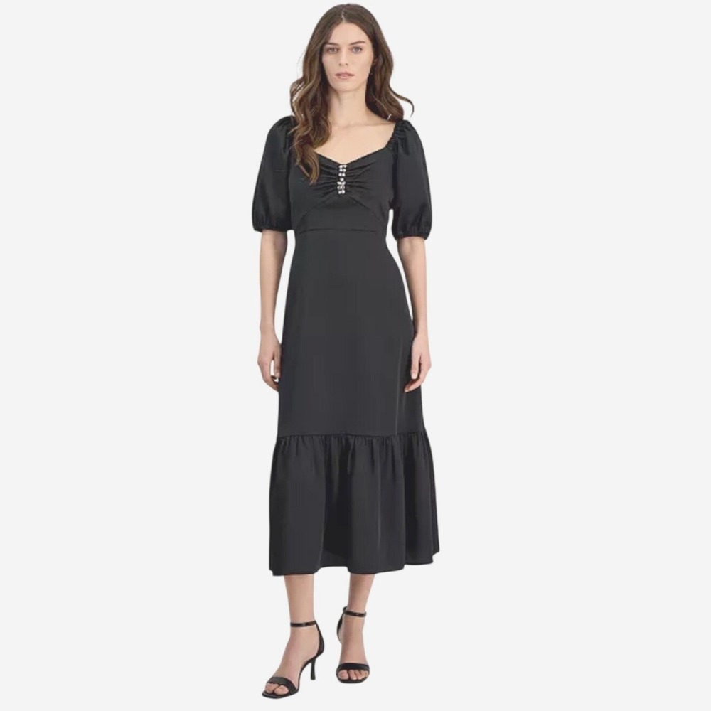 NEW Anne Klein Rhinestone Puff Sleeve Midi Dress Sz 8 Black Ruffle Hem Cocktail